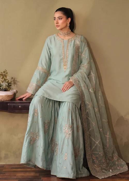 3 Piece Embellished Silk Gharara Suit - Moss Green