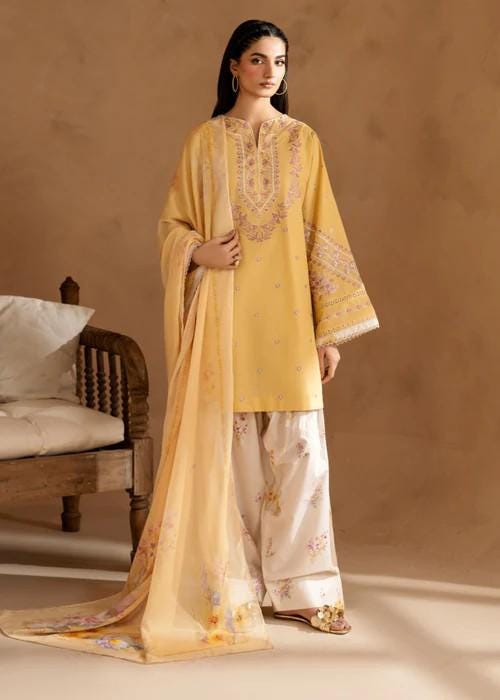 3 piece - Embroidered Cotton Suit -  Chiffon Dupatta - Lemon