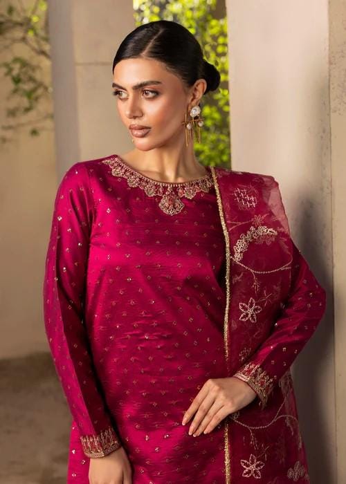 3 Piece Cotton Silk Banarsi Sharara Suit - Magenta