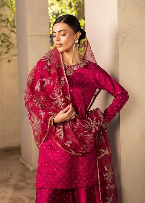 3 Piece Cotton Silk Banarsi Sharara Suit - Magenta