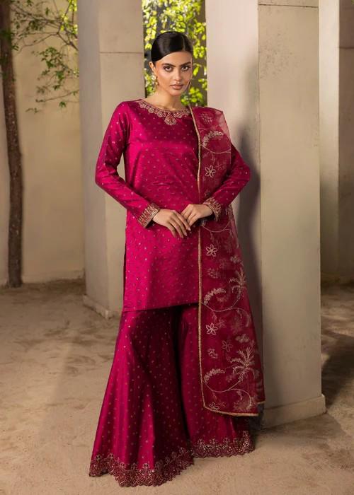 3 Piece Cotton Silk Banarsi Sharara Suit - Magenta