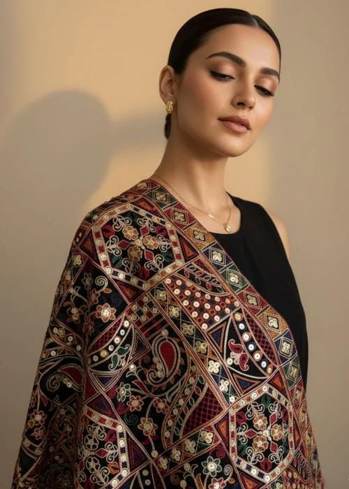 Heavily Embroidered Organza Tissue Silk Dupatta - Regal Sequin Mosaic