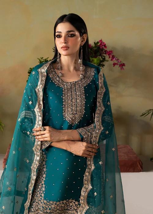 3 Piece Embroidered Charmeuse Silk Palazzo Suit - Teal