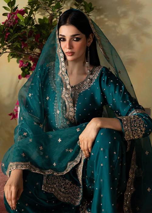 3 Piece Embroidered Charmeuse Silk Palazzo Suit - Teal