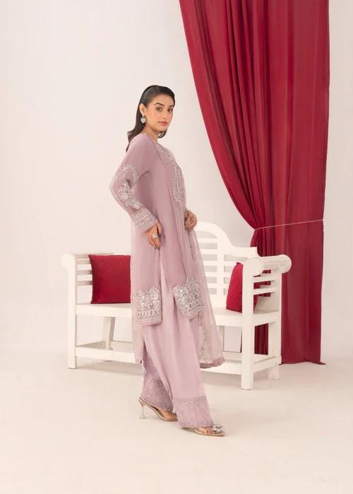 3 Piece Chiffon Kurta and Farshi Shalwar Set - Mauve