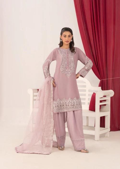 3 Piece Chiffon Kurta and Farshi Shalwar Set - Mauve