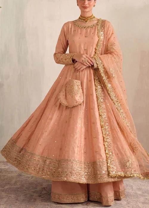 4 Piece Embroidered Silk Palazzo Pishwas w/ Potli Bag - Peach Color