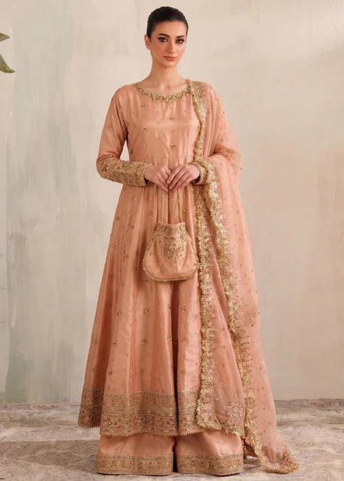 4 Piece Embroidered Silk Palazzo Pishwas w/ Potli Bag - Peach Color