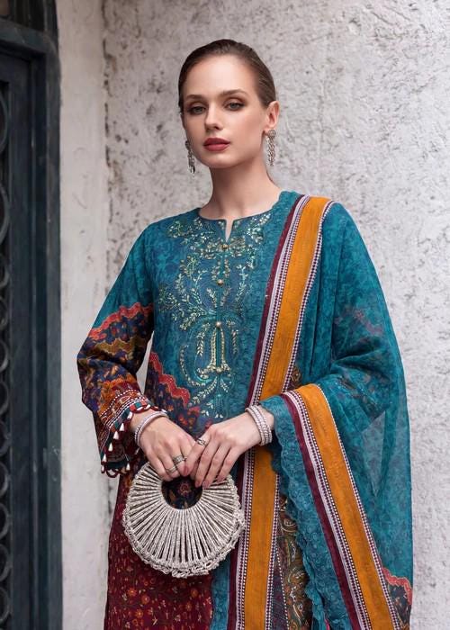 3 piece - Embroidered Lawn Suit with Voile Dupatta - Teal