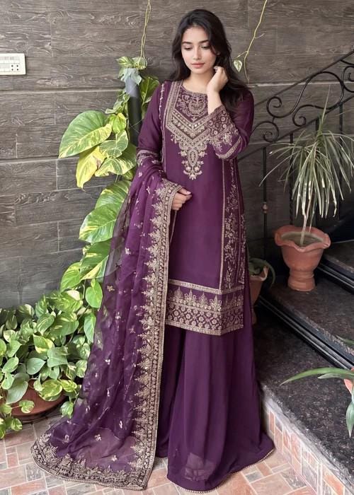 Embroidered Chiffon Sharara - Purple