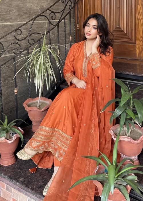 3 Piece Embroidered Silk Maxi Dress - Rust Orange