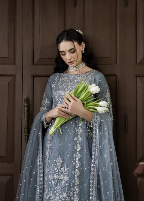 3 Piece Embroidered Long Kurta Lehenga Suit - Grey
