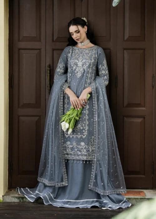 3 Piece Embroidered Long Kurta Lehenga Suit - Grey