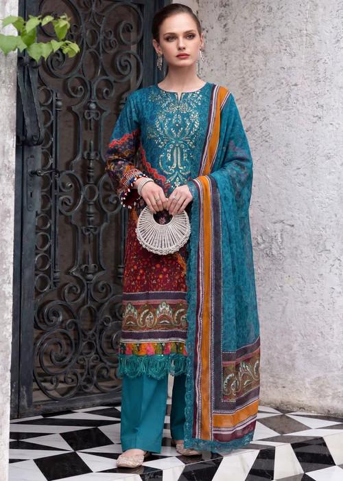 3 piece - Embroidered Lawn Suit with Voile Dupatta - Teal