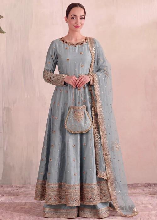 4 Piece Embroidered Silk Palazzo Pishwas w/ Potli Bag - Ice Blue