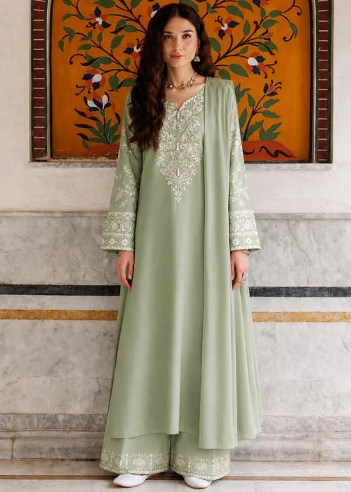 3 piece - Embroidered Lawn Long Kurta Suit with Chiffon Dupatta - Pista Green