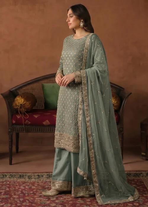 3 Piece Embroidered Chiffon Palazzo Suit - Silk Pants
