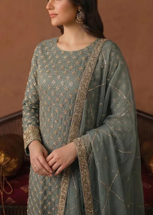 3 Piece Embroidered Chiffon Palazzo Suit - Silk Pants
