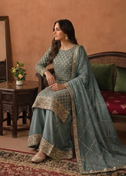 3 Piece Embroidered Chiffon Palazzo Suit - Silk Pants