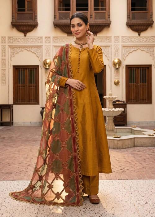 3 Piece Raw Silk Suit with Embroidered Organza Dupatta - Wedding / Party Wear - Golden Brown