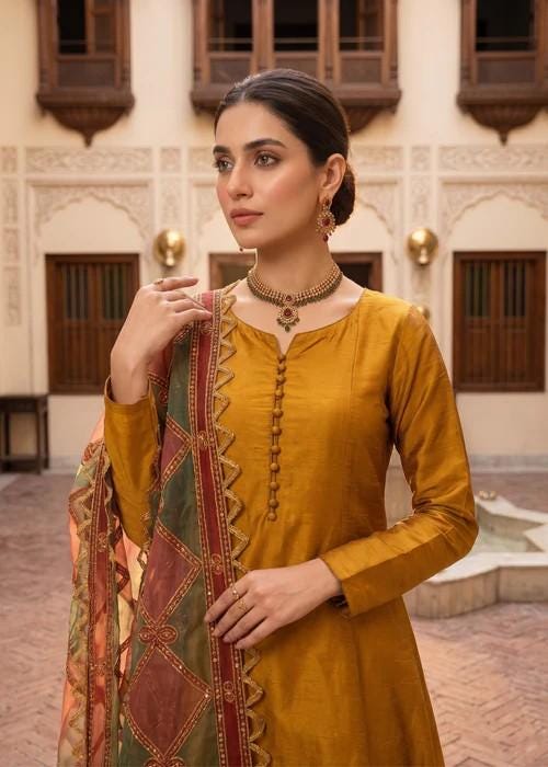 3 Piece Raw Silk Suit with Embroidered Organza Dupatta - Wedding / Party Wear - Golden Brown