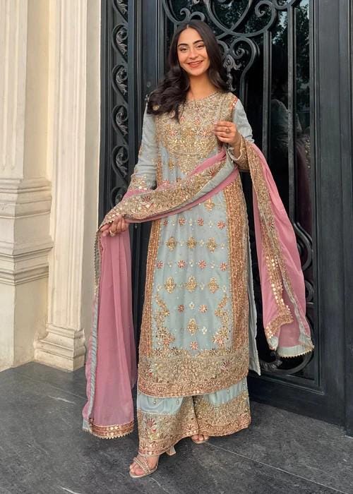 Embroidered Party Wear Designer Chiffon Long Kurta Suit - 4 Piece (with Potli bag)