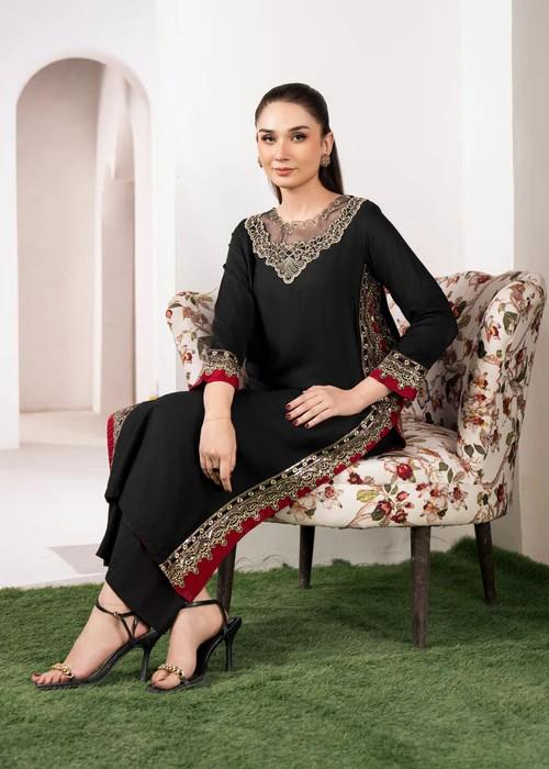 2 piece - Embroidered Lawn Suit - Black and Red