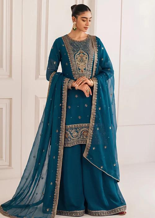 3 Piece Embroidered Chiffon Sharara - Teal