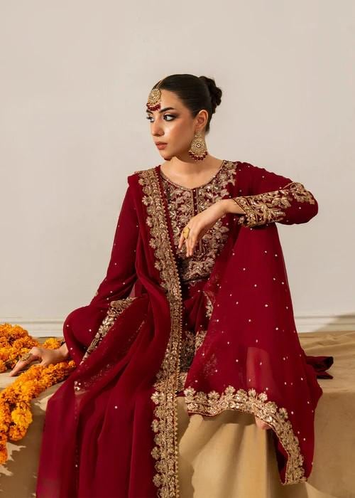 4 Piece Chiffon Embroidered Sharara Suit with Potli Bag