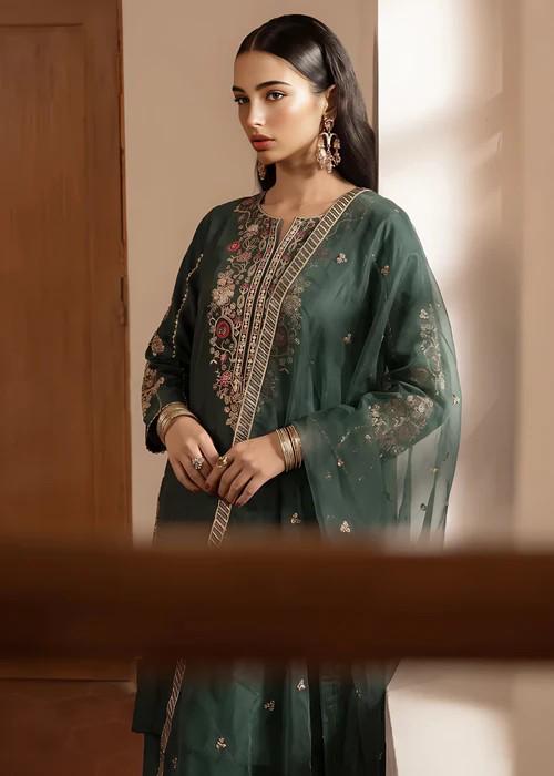 Embroidered Silk Farshi Shalwar Suit with Organza Dupatta - 3 Piece - Dark Green