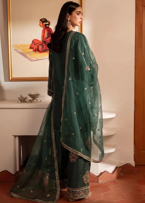 Embroidered Silk Farshi Shalwar Suit with Organza Dupatta - 3 Piece - Dark Green