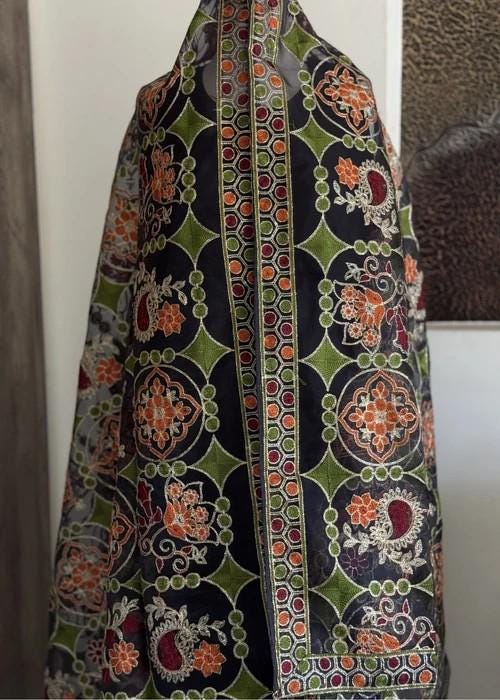 Heavily Embroidered Organza Tissue Silk Dupatta - Ornate Noir Weave