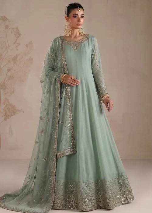 3 Piece Embroidered Chiffon Maxi Suit - Moss Green