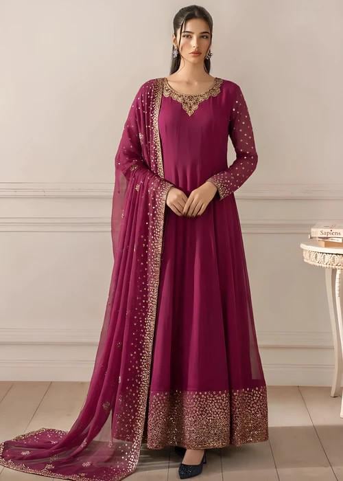 Embroidered Chiffon Maxi Suit - 3 Piece - Magenta