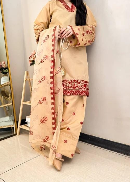 Embroidered Lawn Farshi Shalwar Suit - 3 Piece - Organza Dupatta