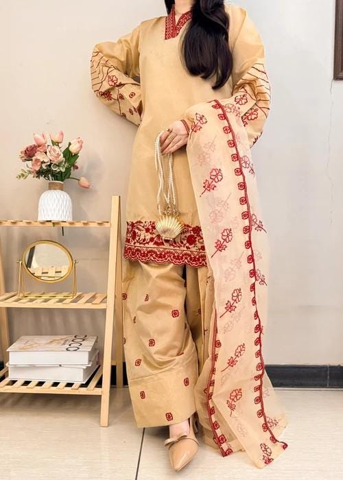 Embroidered Lawn Farshi Shalwar Suit - 3 Piece - Organza Dupatta