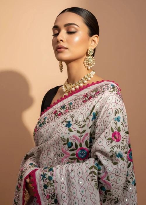 Hand Embroidered with Traditional Needle Work Dupatta - Ivory Blossom Heritage
