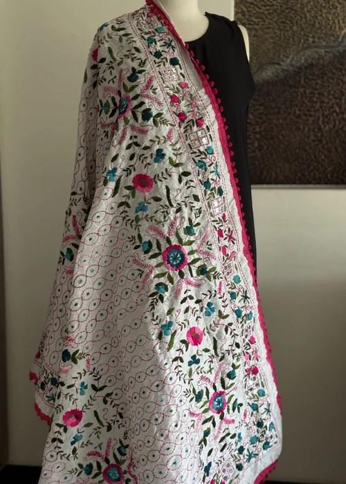 Hand Embroidered with Traditional Needle Work Dupatta - Ivory Blossom Heritage