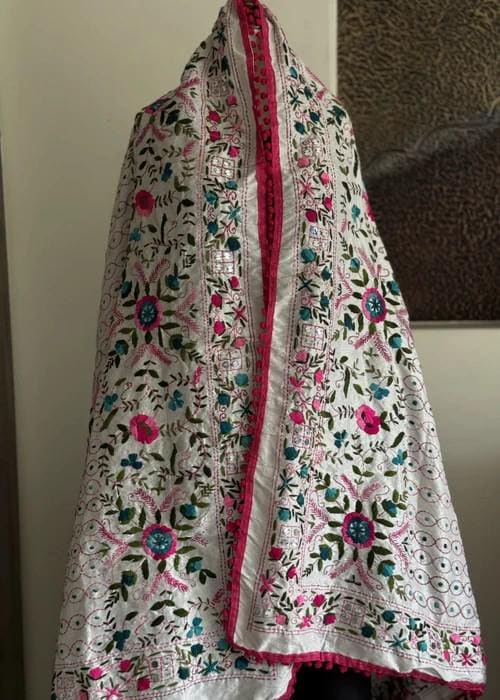 Hand Embroidered with Traditional Needle Work Dupatta - Ivory Blossom Heritage