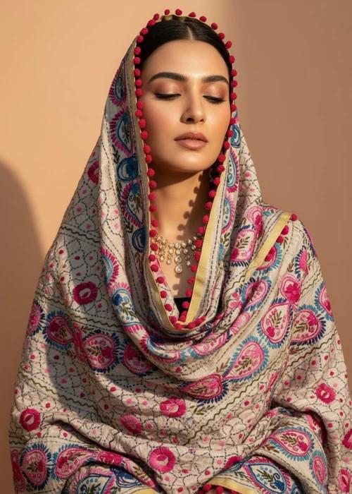 Hand Embroidered with Traditional Needle Work Dupatta - Azure Petal Heritage Wrap