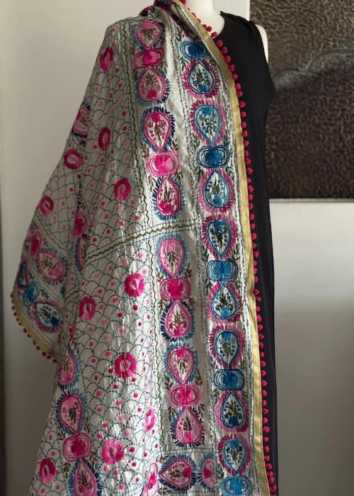 Hand Embroidered with Traditional Needle Work Dupatta - Azure Petal Heritage Wrap