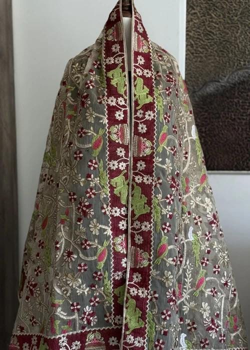 Heavily Embroidered Organza Tissue Silk Dupatta - Heritage Crimson Organza