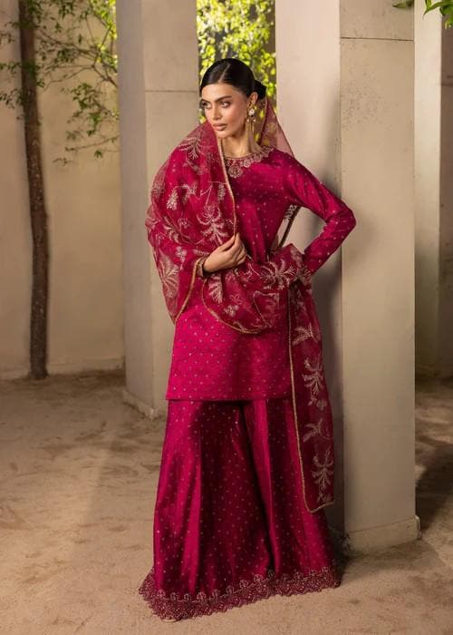 3 Piece Cotton Silk Banarsi Sharara Suit - Magenta
