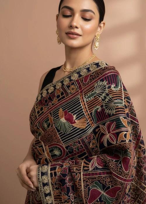Heavily Embroidered Organza Tissue Silk Dupatta - Autumnal Panel