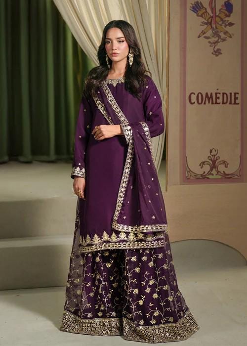 3 Piece Embroidered Chiffon Sharara - Purple
