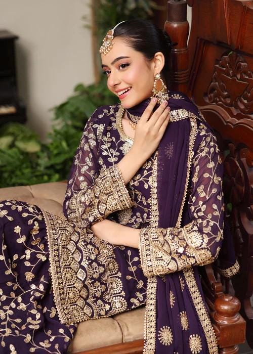 3 Piece Embroidered Chiffon Gharara Suit - Purple