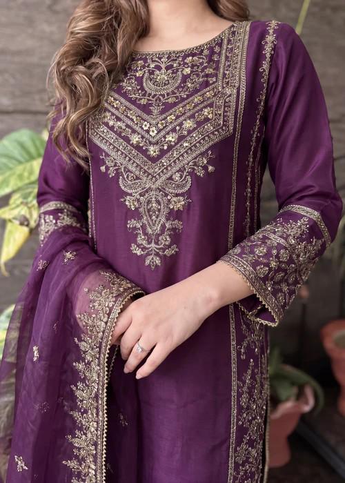 Embroidered Chiffon Sharara - Purple
