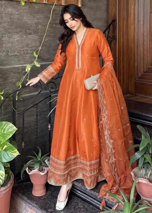 3 Piece Embroidered Silk Maxi Dress - Rust Orange