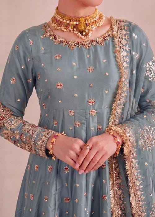 4 Piece Embroidered Silk Palazzo Pishwas w/ Potli Bag - Ice Blue
