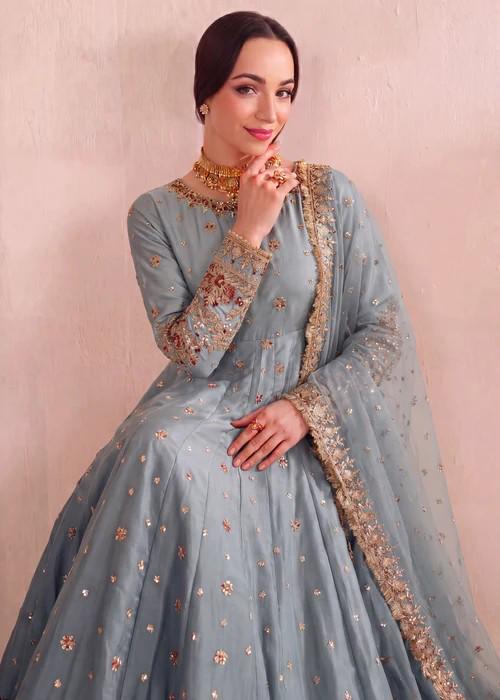 4 Piece Embroidered Silk Palazzo Pishwas w/ Potli Bag - Ice Blue